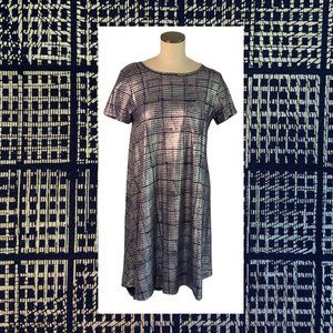 LulaRoe Elegant Carly Dress Silver Grid Navy Blue M Pocket
